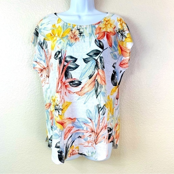C&C California 100% Linen Tropical Print Top Size M - Picture 2 of 6